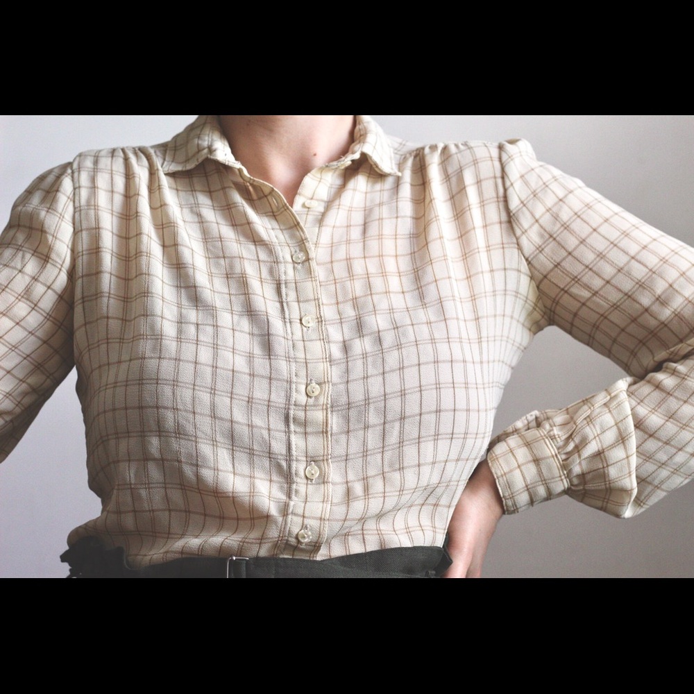 Vintage Tan/ Brown Windowpane Plaid Blouse